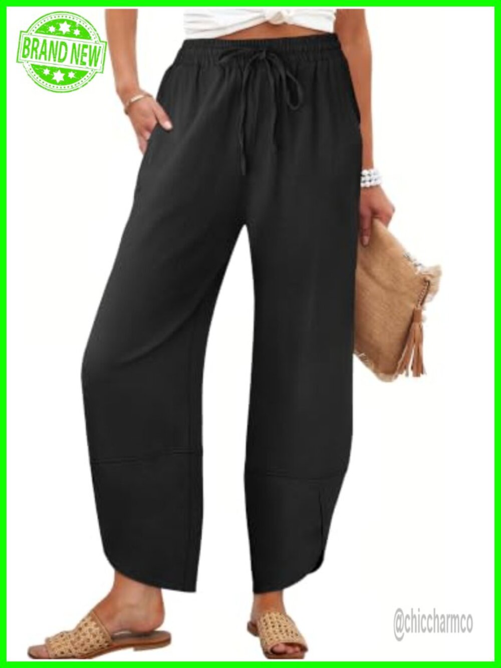 Womens Wide Leg Barrel Pants With Pockets Drawstring